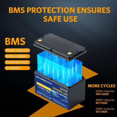 Beast 12V 100Ah LiFePO4 Battery with Built In 100A BMS, showing internal structure and BMS protection details.