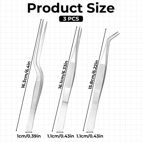 Pro Grade Garden Tweezers Set Of 3 Stainless Steel Plant Tweezers With Straight And Curved Tips, Dope Precision Bonsai Tools For Indoor Outdoor Gardening, Kitchen And More, 6.22In, 6.33In, 6.4In product size chart