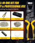 Pro Grade Grommet Tool Kit With Magnetic Alignment, 200 Pcs 3/8 Inch 10mm Grommets, tool bag, pliers, washers, shown laid out