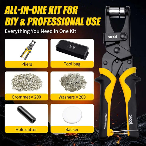 Pro Grade Grommet Tool Kit With Magnetic Alignment, 200 Pcs 3/8 Inch 10mm Grommets, tool bag, pliers, washers, shown laid out