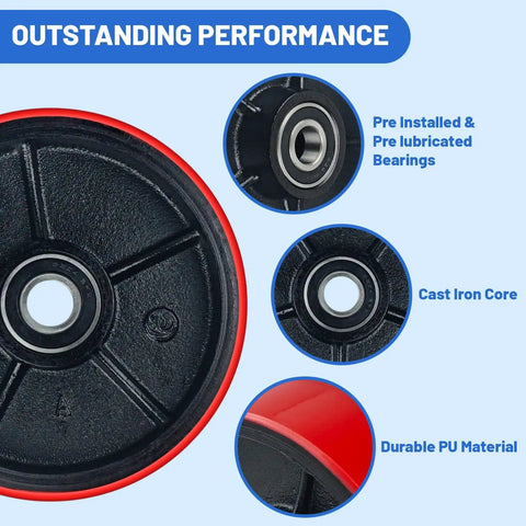 Heavy Duty Pallet Jack Wheels Replacement Kit With Pair Of Seven Inch Steering And Three Inch Load Rollers Red Polyurethane Finish Includes All Necessary Axles And Installation Tools To Knock Out Worn Parts And Get Your Rig Rolling Smooth Again