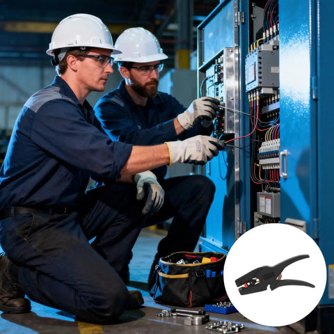 Electricians using Super Easy Automatic Wire Stripper Tool Self Adjusting 7-32 Awg for precise stripping on wires.