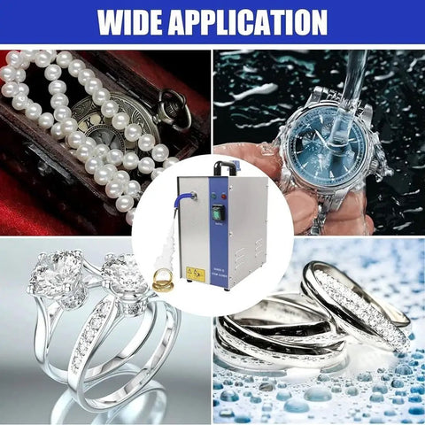 Professional Grade 304 Stainless Steel Jewelry Steam Cleaner And Gem Washer With Switchable Wattage And Generous Two Liter Tank To Knock Out Stubborn Residue From Rings Watches And Specs Swift in a jewelry cleaning setup.