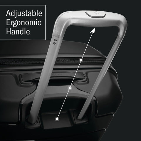 Adjustable ergonomic handle on Samsonite hard shell carry-on luggage