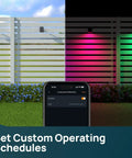 Smart Solar Spotlight Kit With Lit Color Changing Landscape Lighting App And Voice Control Outdoor IP67 Waterproof Pathway Lights illuminating fence with color options shown on smartphone app