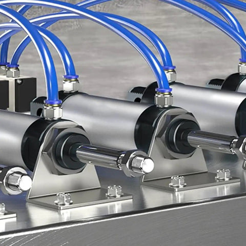 Heavy Duty Workhorse 25mm Bore 125mm Stroke Aluminum Pneumatic Air Cylinder With Y Connector Dual Action Single Rod Screwed Piston For Automated Machinery In Industrial Setups, blue air lines