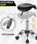 Saddle Rolling Stool With Wheels PU Leather Height Adjustable Swivel Chair Black with lift handle for salon spa bar office home.