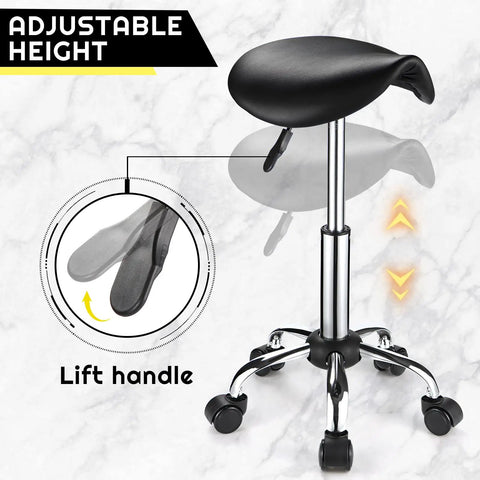 Saddle Rolling Stool With Wheels PU Leather Height Adjustable Swivel Chair Black with lift handle for salon spa bar office home.