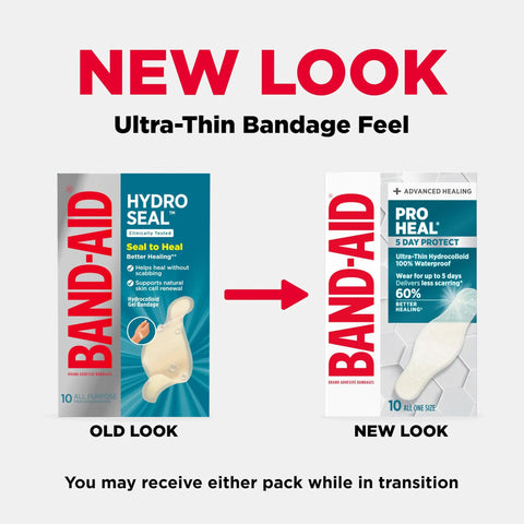 New and old packaging of Ultra Thin Hydrocolloid Bandages For Advanced Wound Healing, 100 Percent Waterproof Protection, 10 count.