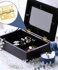 Open jewelry box with installed 60 Pcs Small Brass Antique Miniature Hinges With Screws And Screwdriver For Dolls House Mini Wooden Crafts Jewelry Box Cabinet DIY Projects For Model Making And Miniature Furniture Repairs