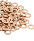 100 Pack M5 Copper Flat Washers 5X9X1mm Real Deal Rust Proof Hardware Fasteners on a white background.