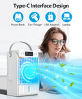 Professional woman using 4 In 1 Portable Air Conditioner And Fan With Humidifier, showing Type-C interface design and airflow effect.