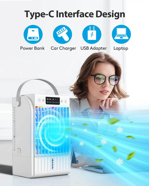 Professional woman using 4 In 1 Portable Air Conditioner And Fan With Humidifier, showing Type-C interface design and airflow effect.