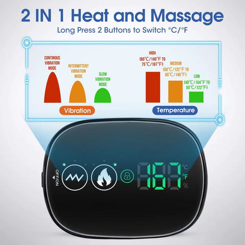 Digital display showing vibration and temperature modes of Cordless Shoulder Heating Pad With Vibration Massage Wireless Heated Shoulder Wrap.