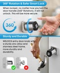 Keyless Entry Smart Door Lock With Bluetooth And App Control, silver lock with 360° rotation on a door, hand nearby, durable zinc alloy.