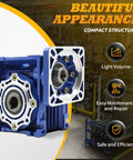 Jecoupoon NMRV040 worm gear reducer with blue housing, 40:1 ratio; Nema34 motor compatible