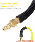 Badass 1/4 Inch By 100 Feet Air Compressor Hose Crafted From Tough Reinforced Polyurethane With Dope All Weather Flex and brass fitting detail.