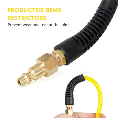 Badass 1/4 Inch By 100 Feet Air Compressor Hose Crafted From Tough Reinforced Polyurethane With Dope All Weather Flex and brass fitting detail.