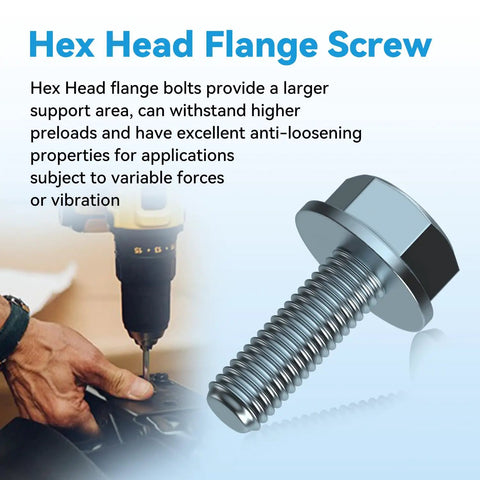 M10x1.25 Hex Head Flange Bolts 25mm Length 10 Pack For ATV UTV Quad Go Kart Lawn Mower Snowmobile Motorcycle Truck And More Durable Steel Fasteners For Automotive And Equipment next to person drilling
