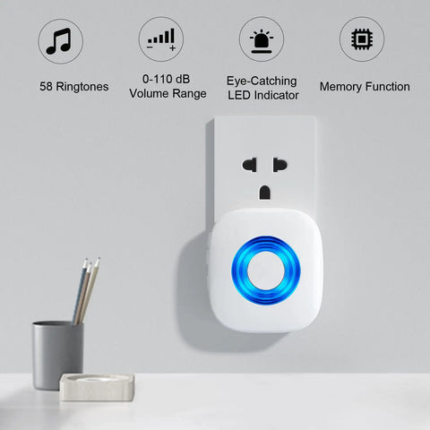 Wireless Doorbell Kit No Fuss Setup With 1300 Feet Range Waterproof Chime System showing LED flash on white receiver plug in.