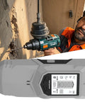 Stud Finder Wall Scanner LCD Display Audio Alarm Leveler Detector Tool with user drilling into wall for stud detection.