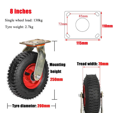 Rock Solid Heavy Duty Rubber Casters With Pneumatic Swivel Design Natural Shock Absorbing Wheels Built To Take A Beating On Industrial Grade Galvanized Steel Base Zero Hassle, 8-inch rubber wheel, 130kg load.