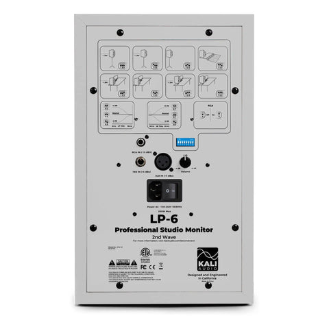 Back panel of 6.5 Inch Powered Studio Monitor White Finish With 1 Inch Soft Dome Tweeter 3D Imaging Waveguide, showcasing controls.