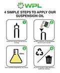 Infographic showing 4 steps to apply High Performance Bicycle Suspension Oil 1L 10Wt For Shocks And Forks.