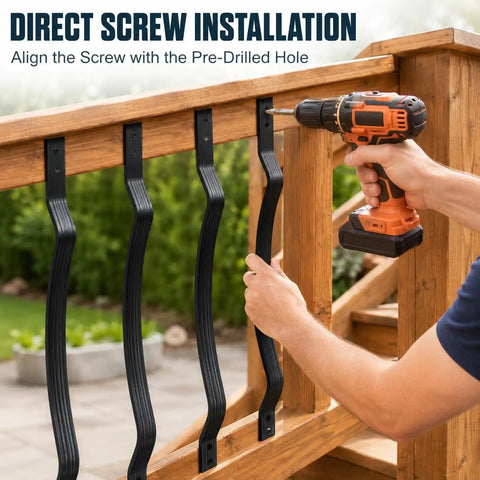 Direct installation of 32 and a quarter inch black curved aluminum deck balusters 25 pack includes 100 screws and 8 extra fasteners.