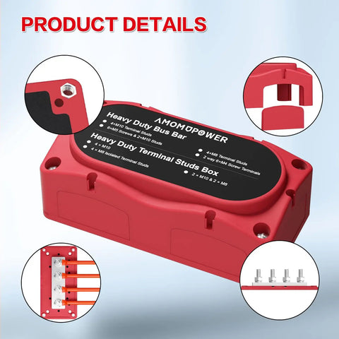 Heavy Duty 300A Bus Bar For Rock Solid 12V Power Distribution With Four M8 Studs Waterproof Junction Block, red terminal distribution.