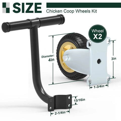 Chicken Coop Wheels Kit 2 Pack 4 Inch Caster Wheels With Lifting Handle, dimensions and size details shown