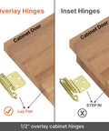 Diagram comparing overlay and inset hinges for kitchen cabinets showing brushed brass cabinet hinges self closing half inch overlay gold face mount, 25 pairs 50 units, pro grade cabinet door hardware for kitchen and cabinets, easy install.