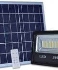 JUDYSSY Solar Flood Lights Outdoor Solar Flood Lights with Remote Control, 50W and solar panel setup for outdoor use.