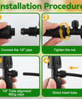Installation steps of 8-Pack 1/2 To 1/4 Inch Drip Irrigation Fittings Barbed Tee Quick Connector Kit for garden watering.