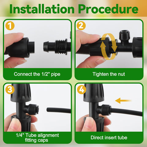 Installation steps of 8-Pack 1/2 To 1/4 Inch Drip Irrigation Fittings Barbed Tee Quick Connector Kit for garden watering.