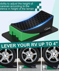 Bulletproof 2 Pack Rv Leveling Blocks With Triple Grip Non Slip Base Heavy Duty Polypropylene Camper Stabilizer Pads Cranking Out 35K Lbs Load For Trailers Vans And Tires Up To 32 Inches Park It Flat Today, showing height adjustment for RV.