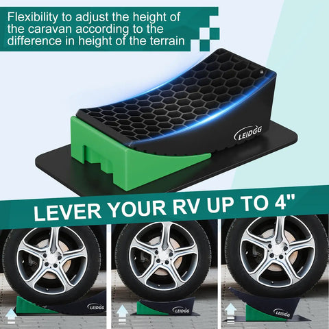 Bulletproof 2 Pack Rv Leveling Blocks With Triple Grip Non Slip Base Heavy Duty Polypropylene Camper Stabilizer Pads Cranking Out 35K Lbs Load For Trailers Vans And Tires Up To 32 Inches Park It Flat Today, showing height adjustment for RV.