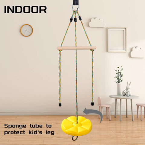 Indoor setup with 3 In 1 Kids Swing Set With Monkey Bars And Rainbow Rope, Adjustable Swing, Carabiner, Extra Hanging Straps, Playset.