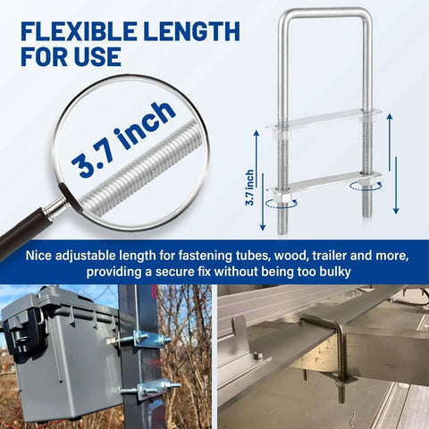 Beefy Heavy Duty Square U Bolts Kit With Frame Plates And Nuts Three Eighths Inch Diameter By Three Inch Wide By Seven Inch Long Stainless Steel U Clamp Bolts For Cars Trailers Ski Boats Tubes And Sailboats, shown in use securing a metal frame and toolbox.