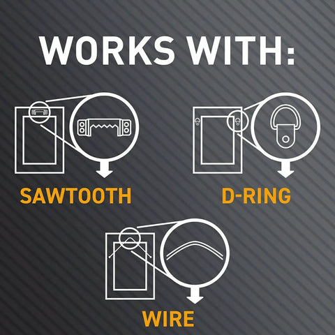 Illustration showing Heavy Duty Claw Drywall Picture Hanger 3 Pack For Heavy Mirrors And Artwork Steel Locking Claw for sawtooth, d-ring, wire.