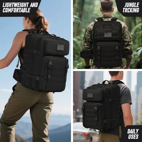 Built Tough Tactical Backpack For Men 46L Water Resistant Military Pack With MOLLE System in outdoor settings with models