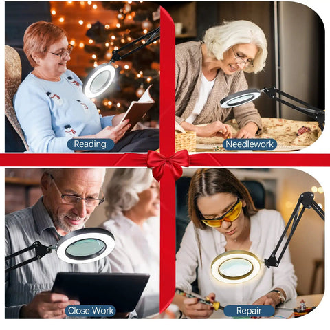 Super Useful 12X Real Glass Magnifying Desk Lamp used for reading, needlework, close work, and repair with LED light.