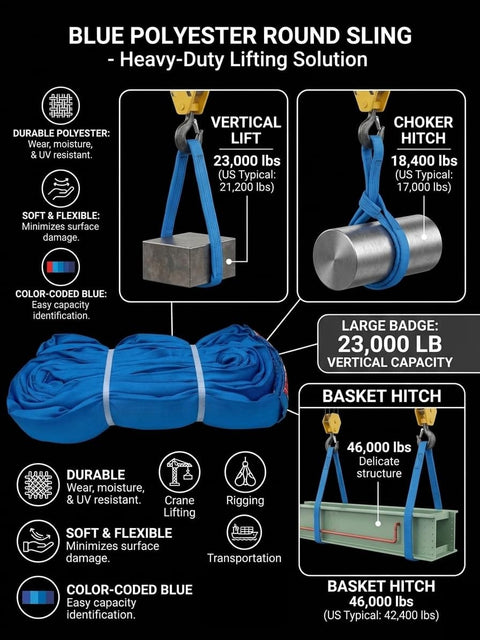 Infographic of Blue 20 Ft Polyester Round Sling Heavy Duty Liftin Gear With 23000 Lbs Vertical Capacity 18400 Lbs Choker And 46000 Lbs Basket Capacity