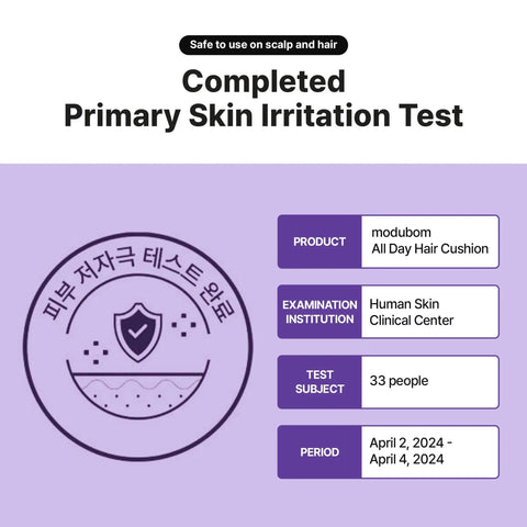 Completed primary skin irritation test for modubom All Day Hair Cushion showing safety for scalp and hair use.