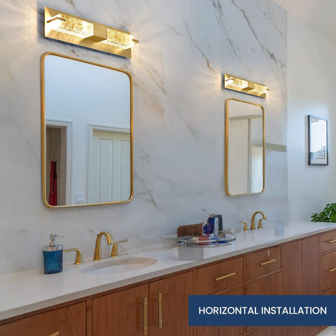 Horizontal installation of Hot Gold 19 Inch LED Wall Sconce With Crystal Bubble Glass, in a modern bathroom setting.