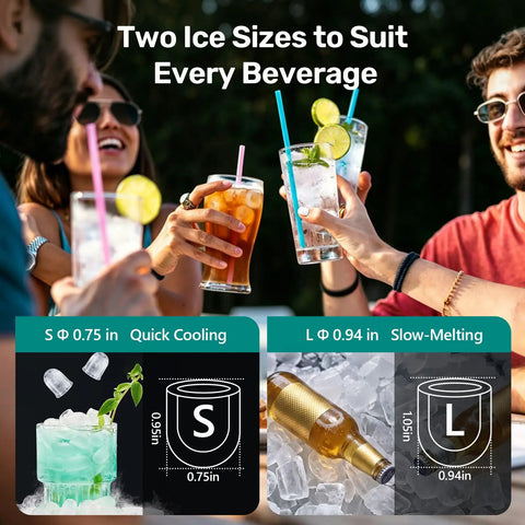 Compact Countertop Ice Maker With Self Cleaning Design And Rapid Cube Batch Output built for your kitchen or patio with two ice sizes.