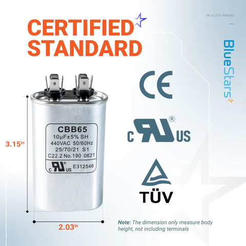 10uF Oval Run Start Capacitor for AC Motors and Fans 370-440V CBB65 Replacement Part with certification logos