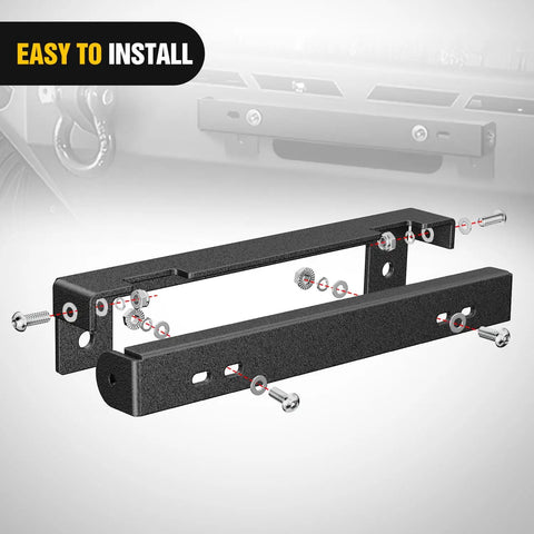 Universal Flip Up License Plate Frame For 10 Inch Hawse Fairlead Mount Fits Most Off Road Vehicles And Pickup Trucks Compatible With Jeep Ford Dodge Chevy GMC Nissan Toyota Ram And More Built Tough With Aluminum Construction. Exploded view with mounting hardware