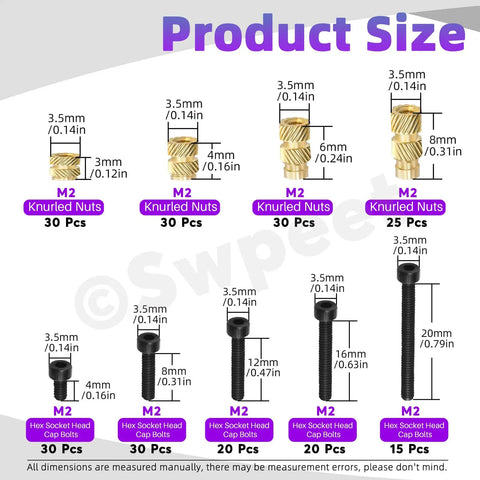 Heavy Duty Assorted Black Zinc Plated Hex Socket Screws And Brass Knurled Insert Kit With Matched Allen Keys Washers Nuts detailed size chart.