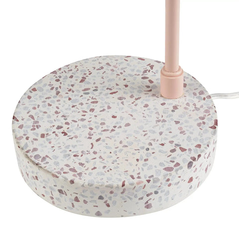 Playful Glam Desk Lamp With Adjustable Height And Balance Arm, Matte Pink Finish With Brass Accent And Terrazzo Base close-up